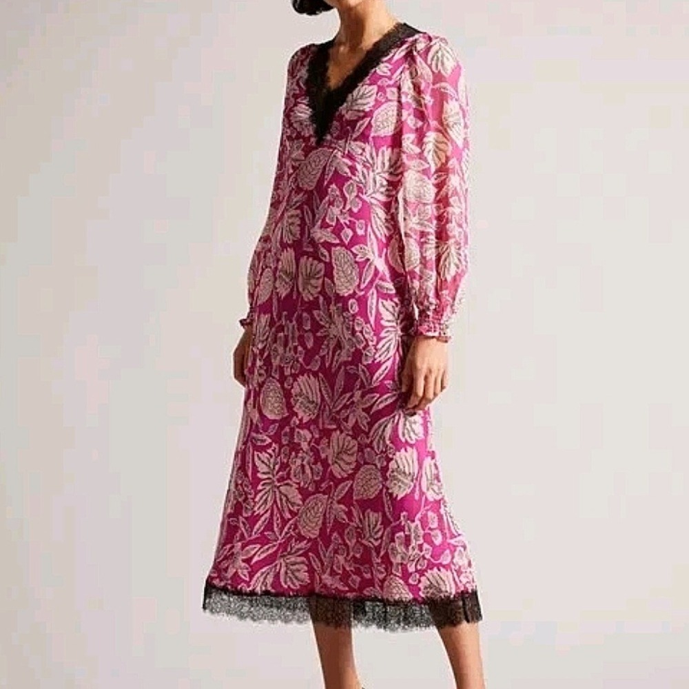 Ted Baker Izobel Silk Floral Midi Dress Sz 3 8/M Pink Beige Black Lace V-Neck